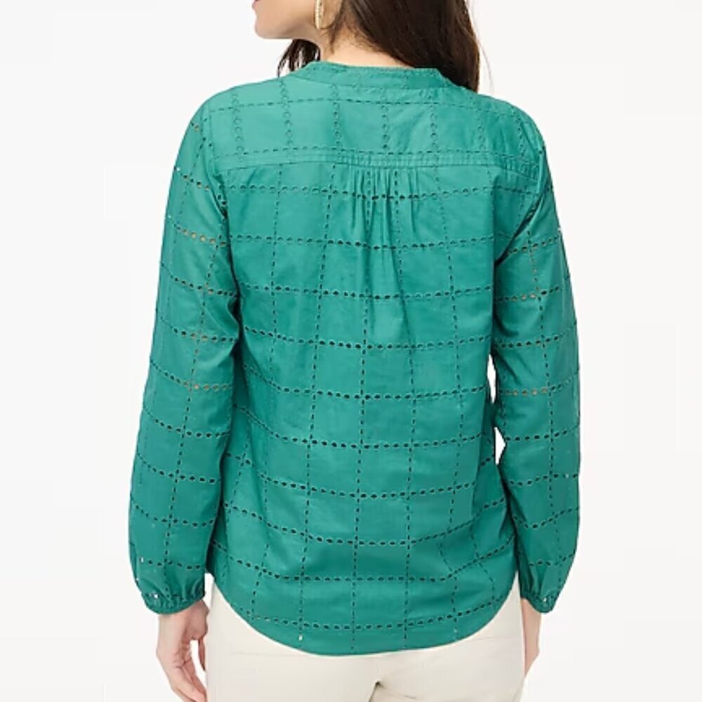 J. Crew Long Sleeve Lightweight Cotton Eyelet Tie Neck Top Size S NWT - Picture 2 of 7